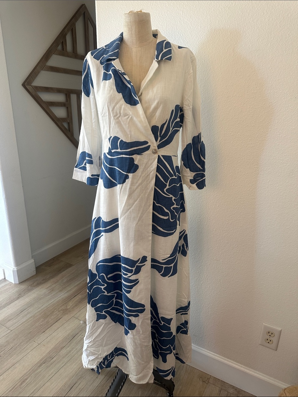 NWOT White & Blue Floral Wrap Maxi Dress